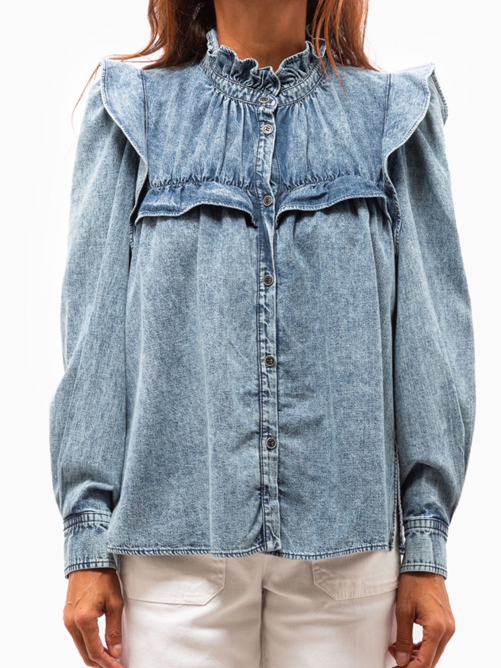 Marant Etoile Idety ruffled LENZING™ Lyocell chambray Denim Shirt Sz 40‎